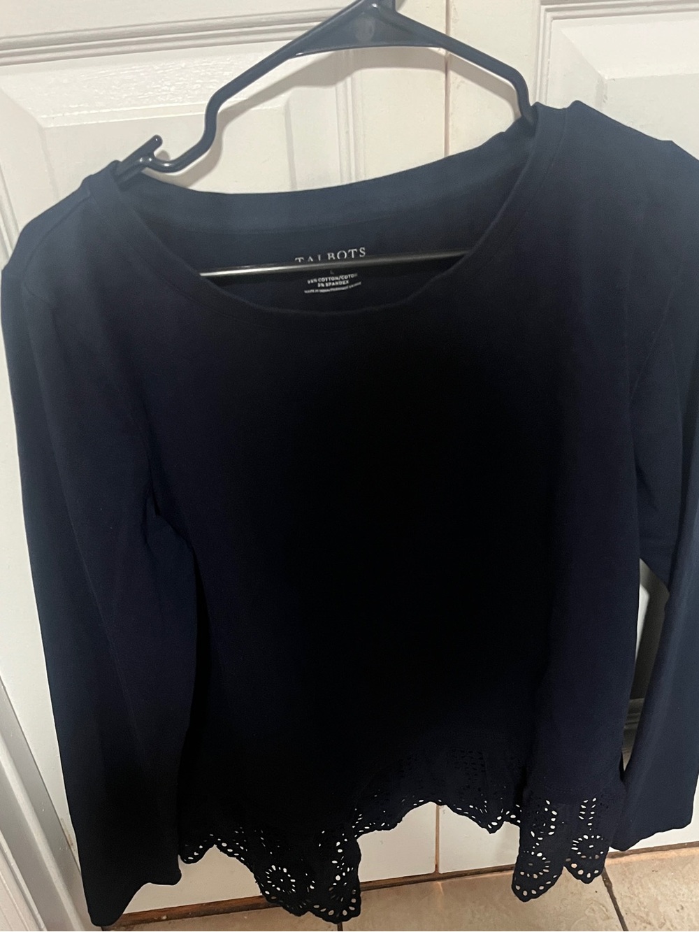 Talbots Navy Long Sleeve Top with Lace Hem